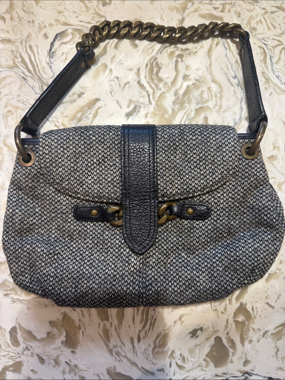 J. Crew Black and Ivory Tweed Small Bag with Chain Strap
